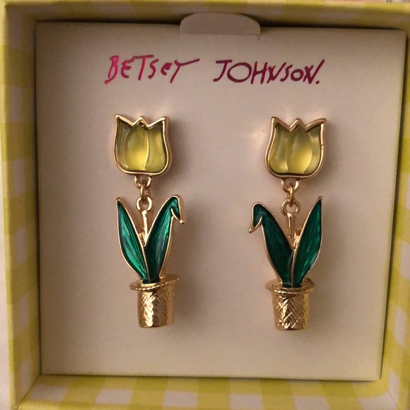 Betsey Johnson Gold Tone Yellow Resin Tulip Drop Earrings NIB - Picture 2 of 10